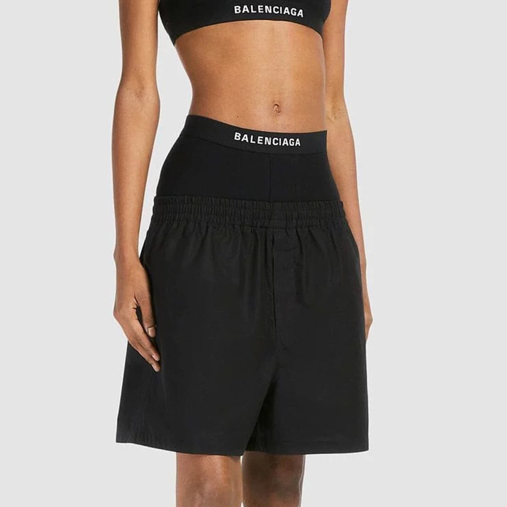 Balenciaga Women's Spring Summer Logo Letter Belt Patchwork Shorts Comfortable Black Casual Pants #99392