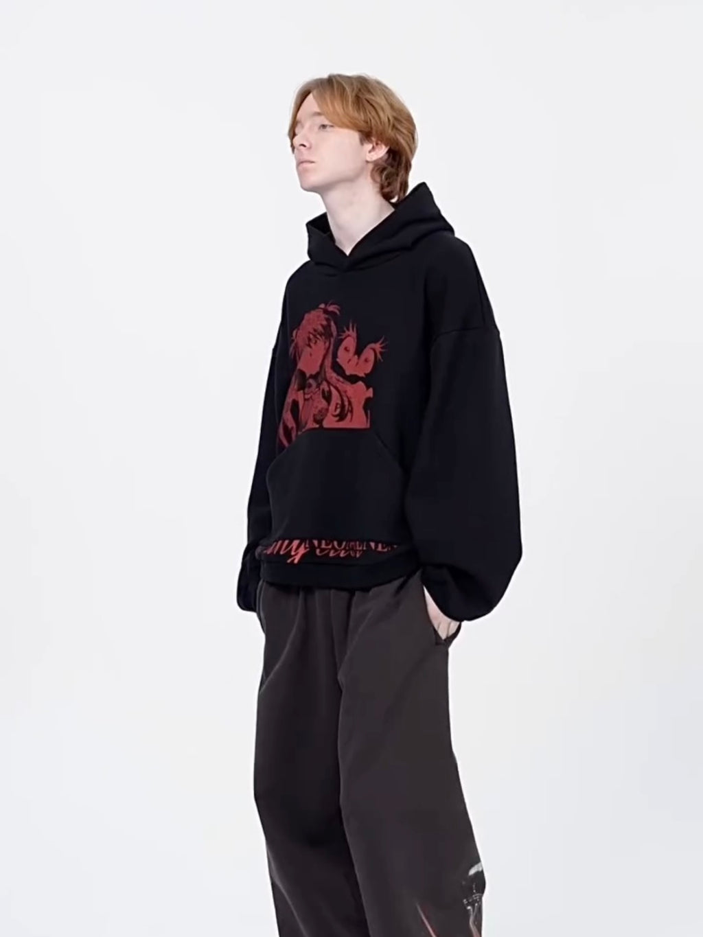 Rough Simmons Men's Fashion High Street Trend Black Red Akira Manga Do Old Print Washed Loose Hoodie Sweatshirt Ngvp #2253