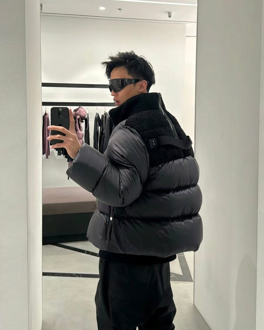 Moncler x Rick Owens Men's And Women's Winter Black Glossy Fur Collar Zipper Long Sleeve Puffer Down Jacket #72459