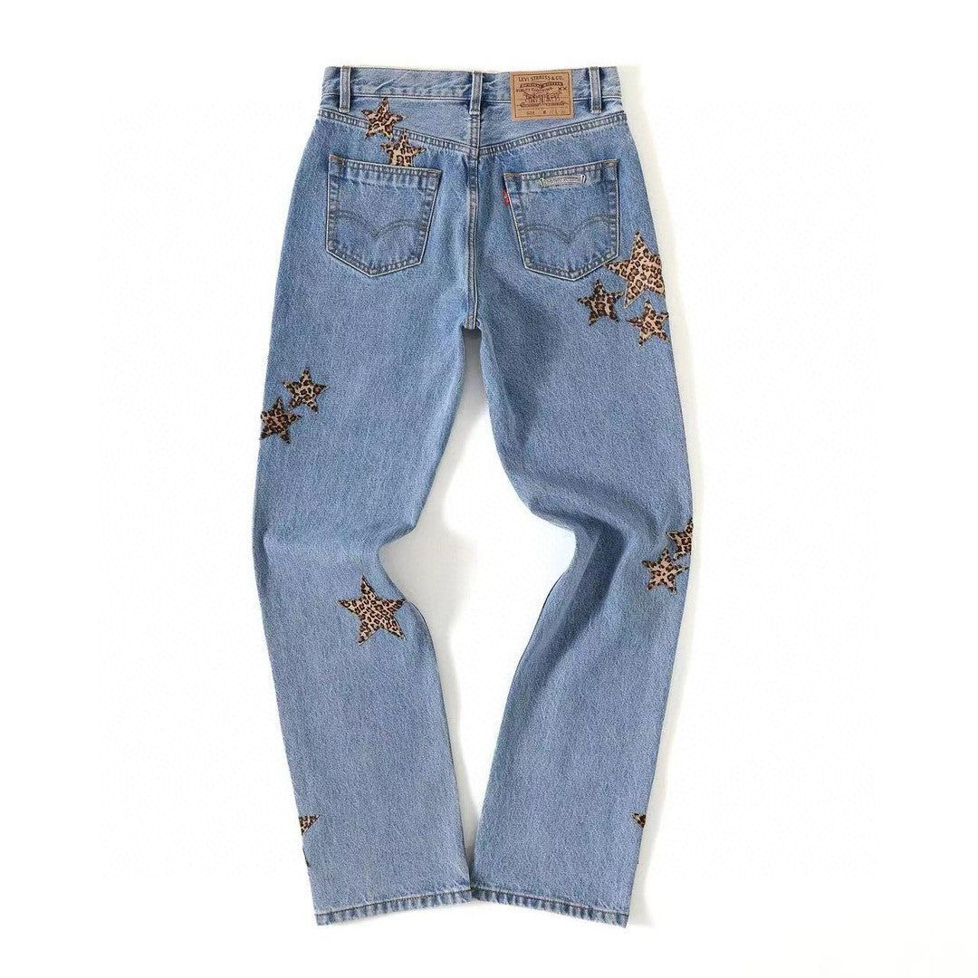 Chrome Hearts Men's Women's Spring/summer Leopard Pentagram Tannin Denim Metal Button Casual Straight Leg Pants Ngvp #7875