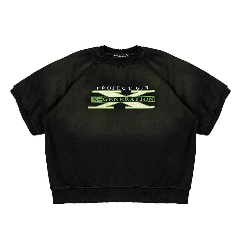 GRAILZ Project G/R Men's Rugby Styling Spring. Fall And Winter Do Old Loose Letters Printed Round Neck Short Sleeve Cotton Sweatshirt Ngvp #1677