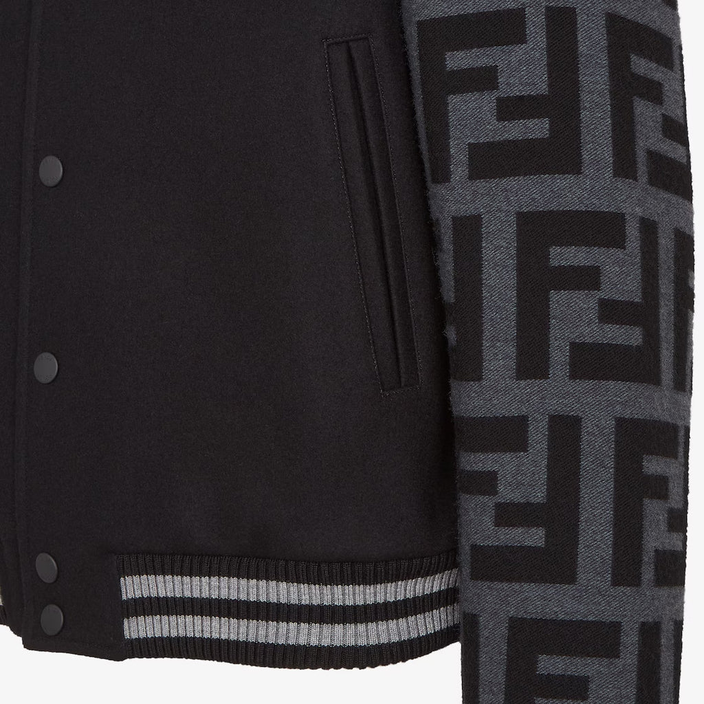 Fendi Men's Autumn/Winter Turn-Down Collar Single-Breasted Printed Long-Sleeved Baseball Jacket Black Wool Pilot Jacket #81496