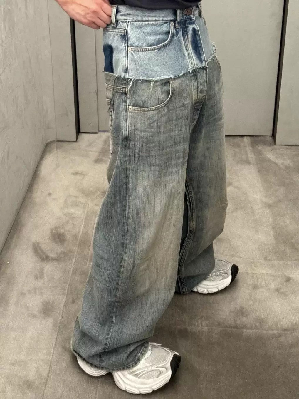 Balenciaga Men's Women's Old Spliced Pocket Cotton Casual Blue Baggy Straight Jean Pants Ngvp #9464