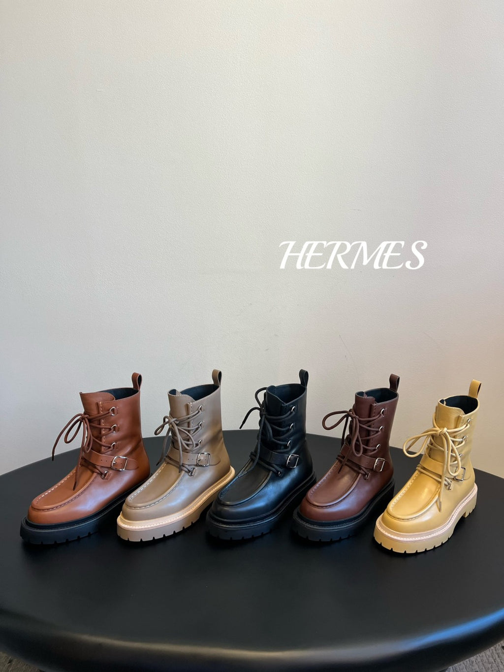 Hermes Women's Fall/Winter Land Ankle Boots Solid-Color Cowhide Lace-Up Short Boots Outdoor Boots Heel Height: 3.5cm Shoes Ngvp #2325