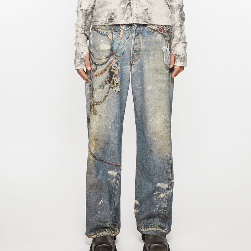 Acne Studios Men's And Women's 3DPrinted Pattern Loose Low Waisted Casual Wide Leg Solid Color Denim Pants Ngvp #8513