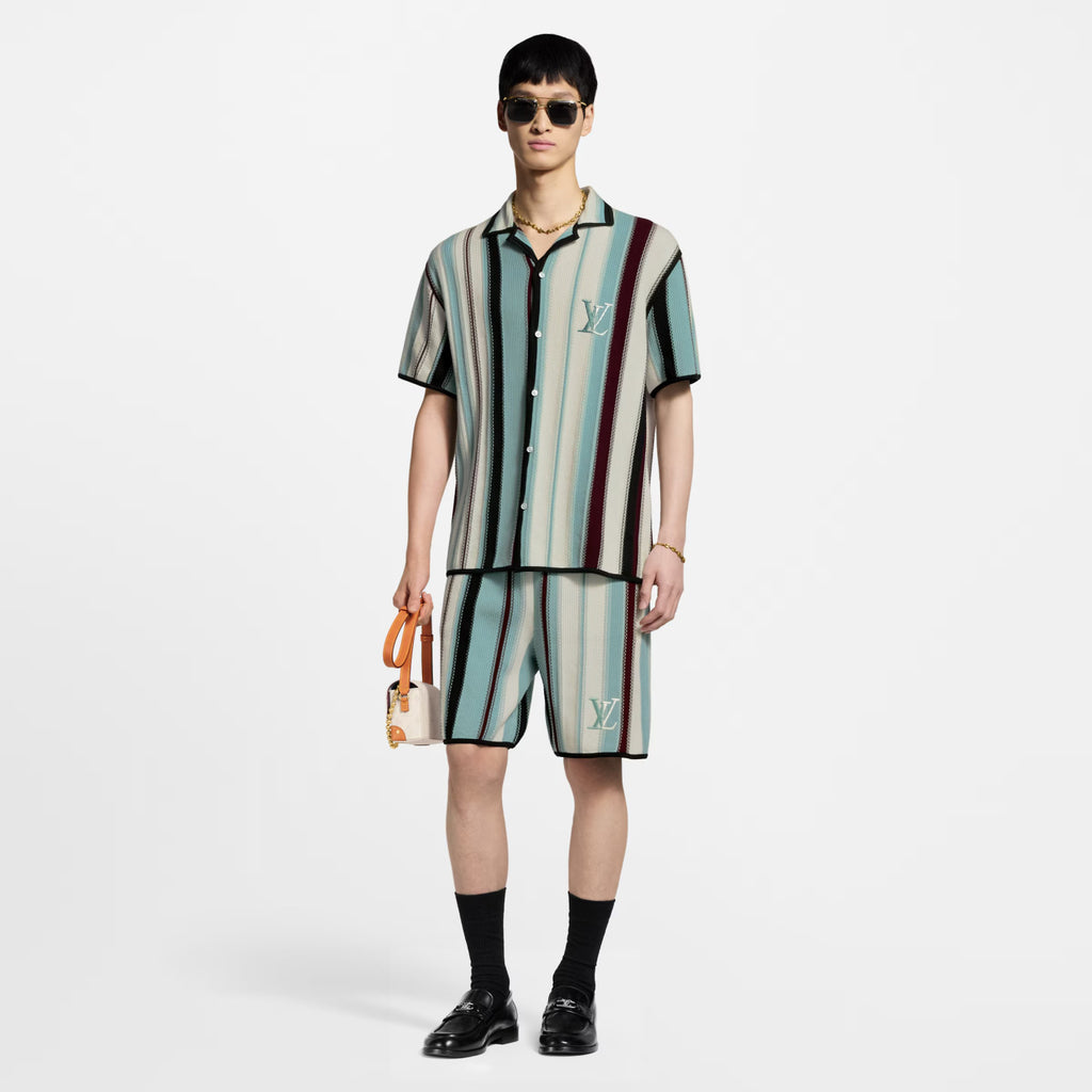Louis Vuitton Men's Summer Embroidered Logo Stripe Crochet Single Breasted Short Sleeve Shirt Casual Lace Up Shorts Suit Set #81258