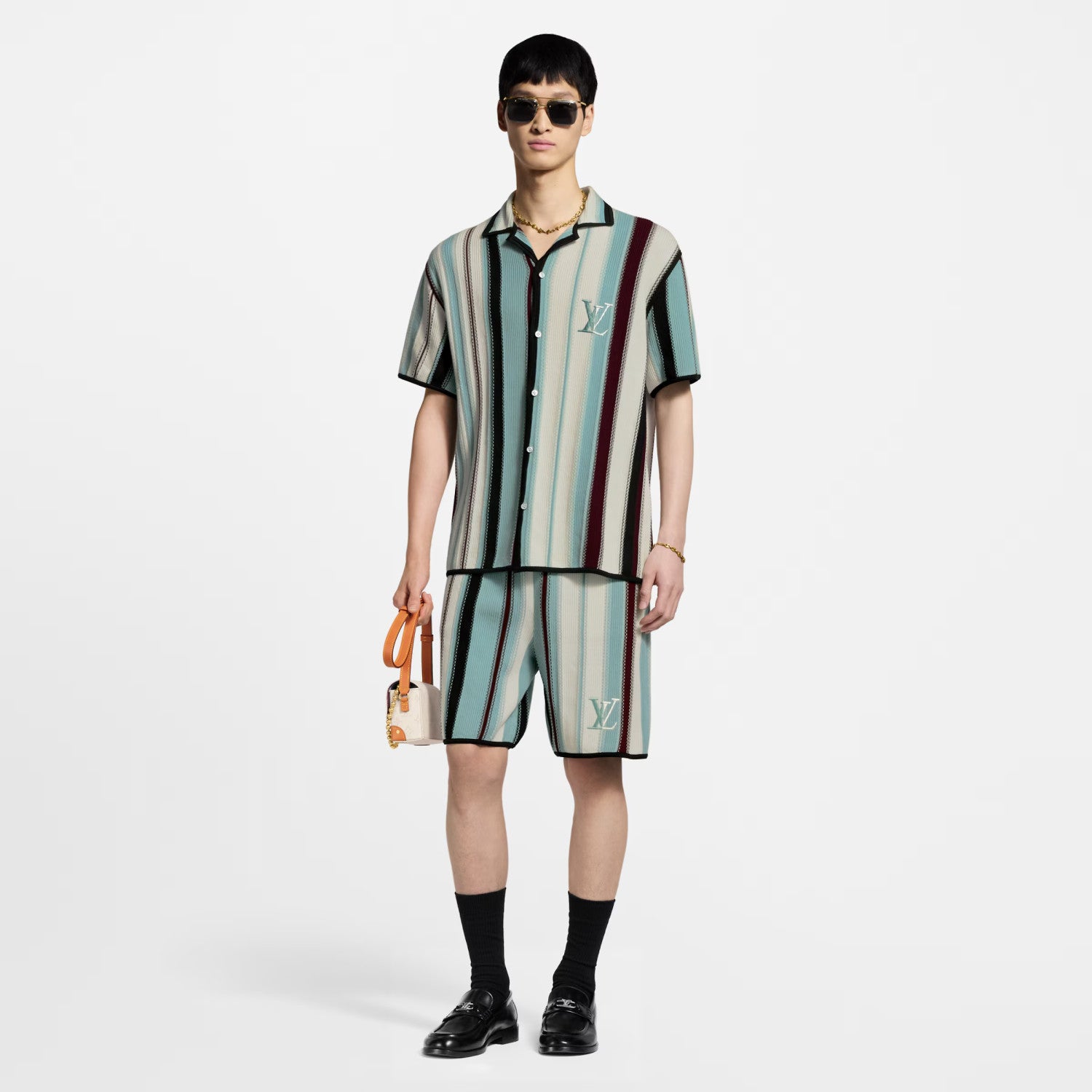 Louis Vuitton Men's Summer Embroidered Logo Stripe Crochet Single Breasted Short Sleeve Shirt Casual Lace Up Shorts Suit Set #81258