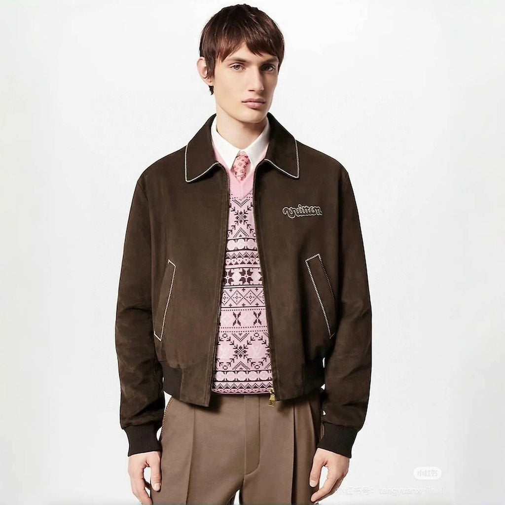 Louis Vuitton Men's Fall and Winter Brown Letter Zipper Lapel Casual Pilot Leather Long Sleeve Jacket #72671