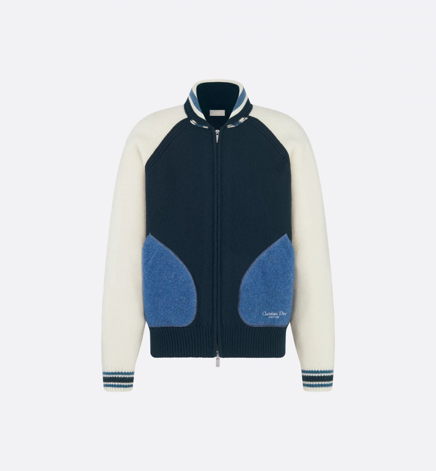 Dior Men's Spring/Fall Vintage College-Style Color-Block Wool Sweater with Floral Embroidery Plain-Knit Long-Sleeve Oversized Cardigan #81595
