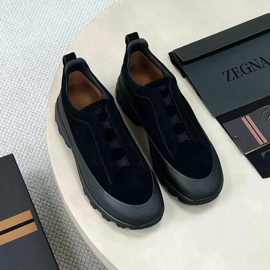 Ermenegildo Zegna Triple Stitchâ„?Monte Men's Fall/Winter Fashion Casual Round Toe Slip On Leather Suede Low Top Slip On Sneakers Shoes #78782