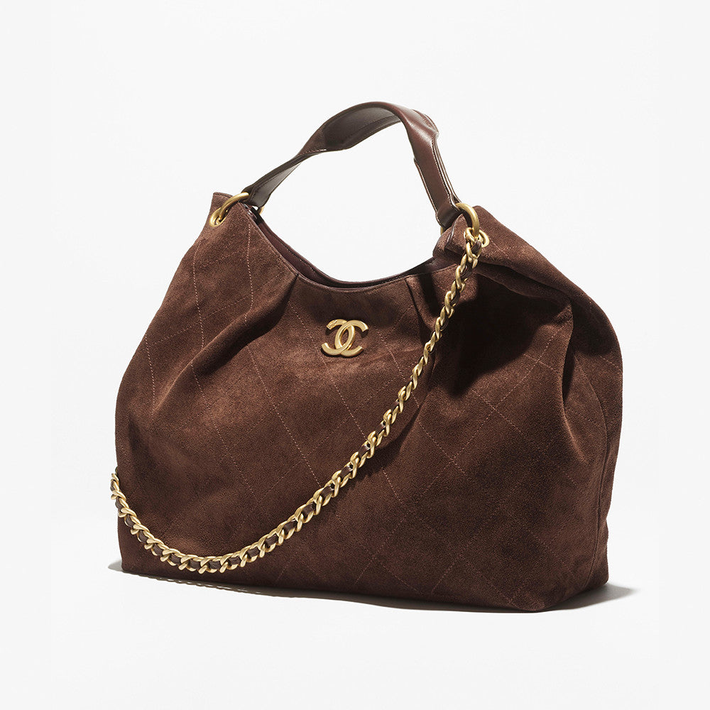 Chanel Maxi Hobo Bag Suede Calfskin Lambskin Gold-tone Metal Dark Brown #336664
