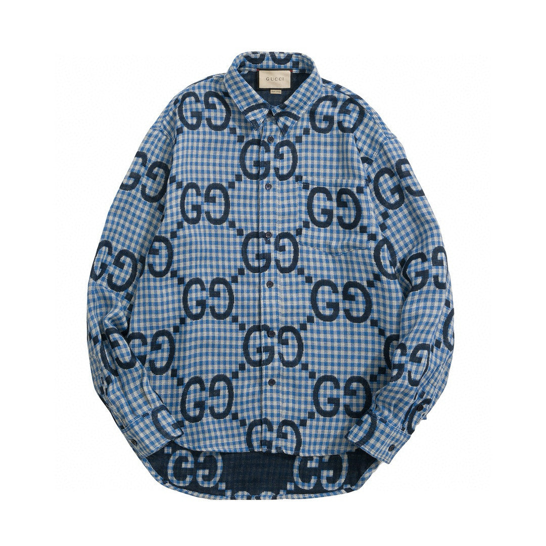 Gucci Men's Spring and Autumn Blue Letter Printed Single Breasted Long Sleeve Lapel Shirt #98873