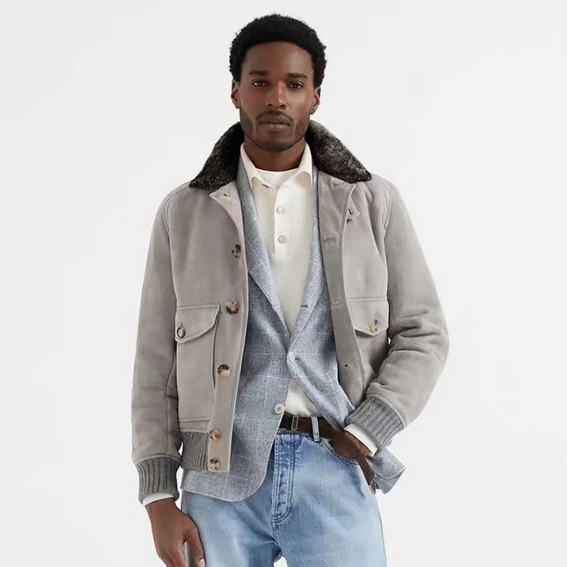 Brunello Cucinelli Men's Fall/Winter Vintage Jacket Solid Color Single-Breasted Fur Collar Suede Slim Fit Coat Ngvp #2592