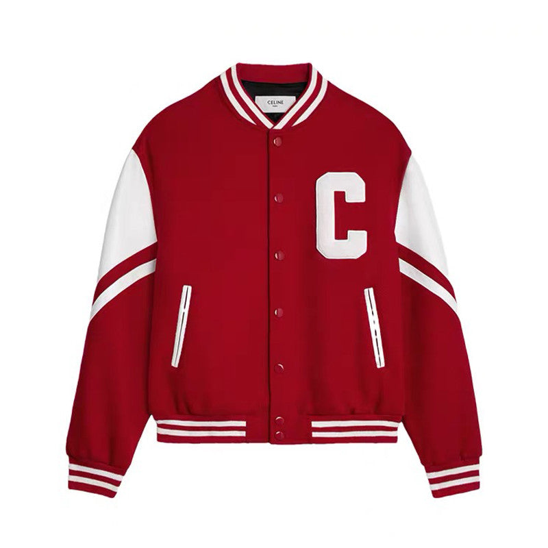 Celine Men's Spring And Autumn Jackson Textured Wool Baseball Patchwork Leather Single Breasted Long Sleeve Jacket Ngvp #1249