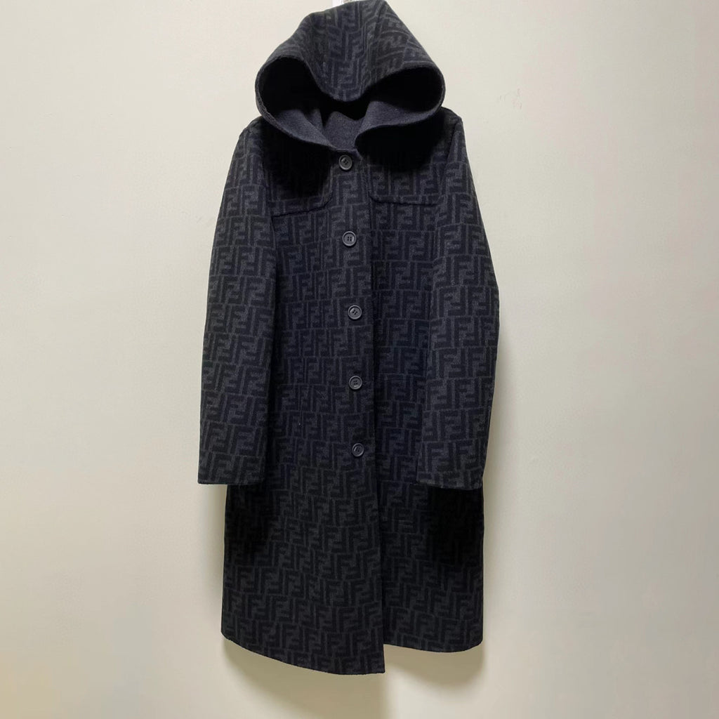 FENDI Woolen Double-Sided Hooded Full-Printed Coat Jacket  #3715
