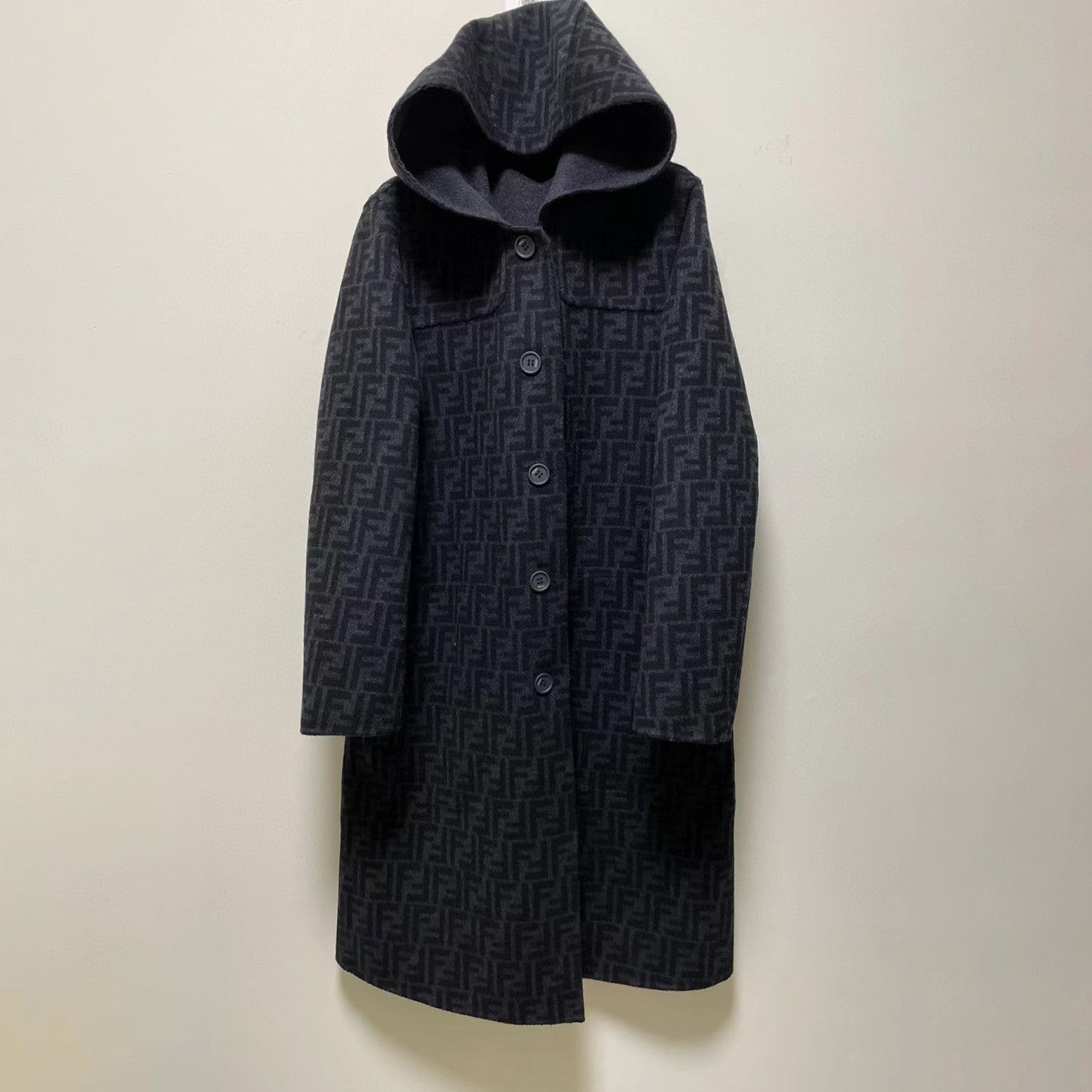 FENDI Woolen Double-Sided Hooded Full-Printed Coat Jacket  #3715