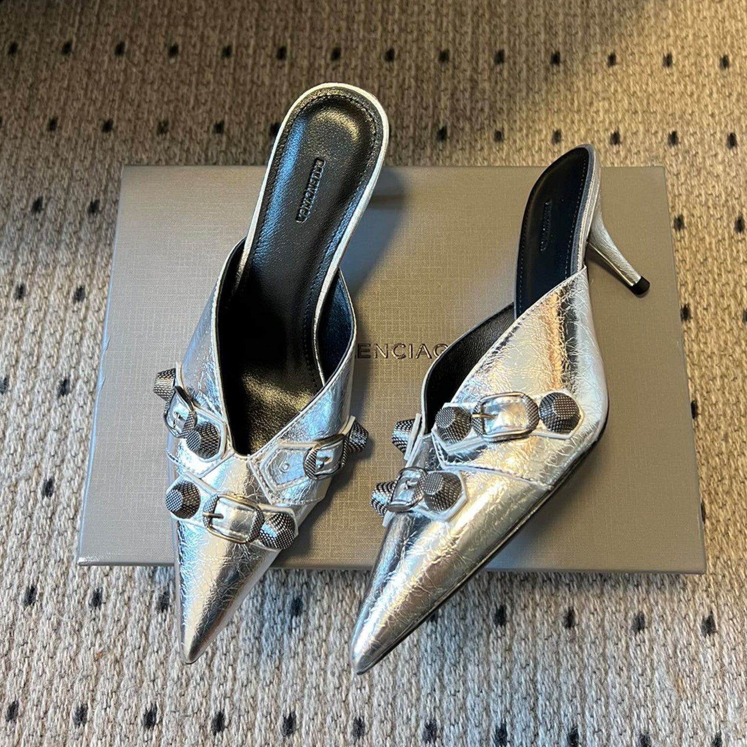Balenciaga Cowhide Metal Buckle Rivets Pointed Toe Slippers Female External Wear High Heel Half Slippers Fine Heel 8.5cm Ngvp #1594