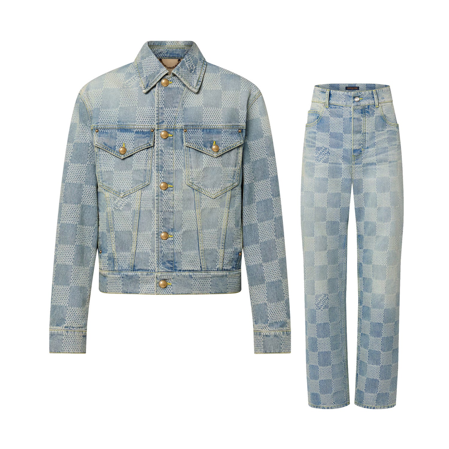 Louis Vuitton Men's Spring And Fall Checkerboard Print Single Breasted Long Sleeved Denim Jacket Button Jeans Pants Suit Set #75884