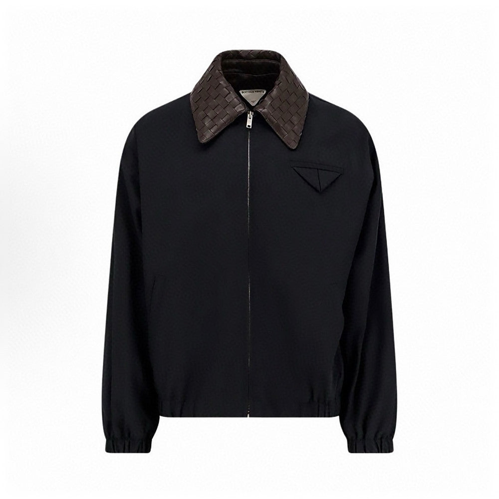 Bottega Veneta Men's Tech Cotton Zipper Woven Leather Collar Spring/Fall Solid Color Zipper Long Sleeve Jacket Ngvp #2367