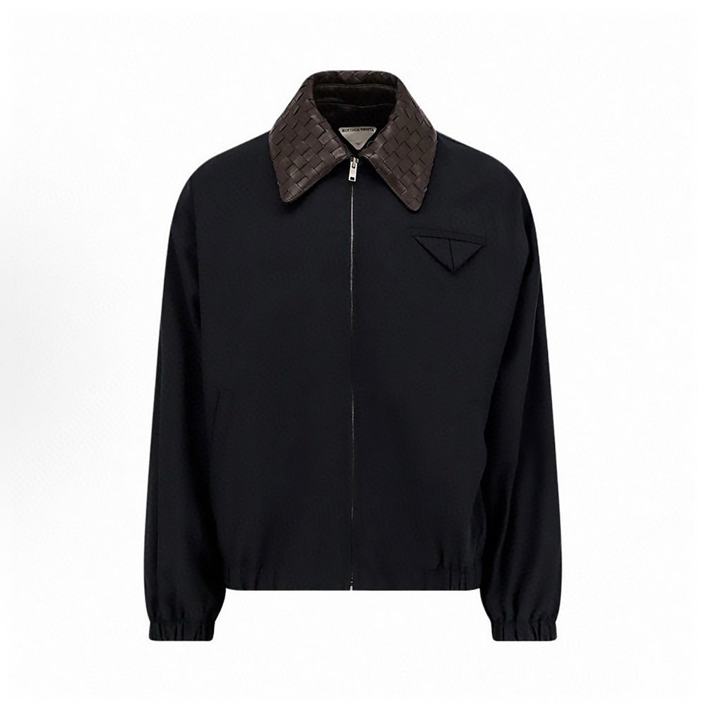 Bottega Veneta Men's Tech Cotton Zipper Woven Leather Collar Spring/Fall Solid Color Zipper Long Sleeve Jacket Ngvp #2367