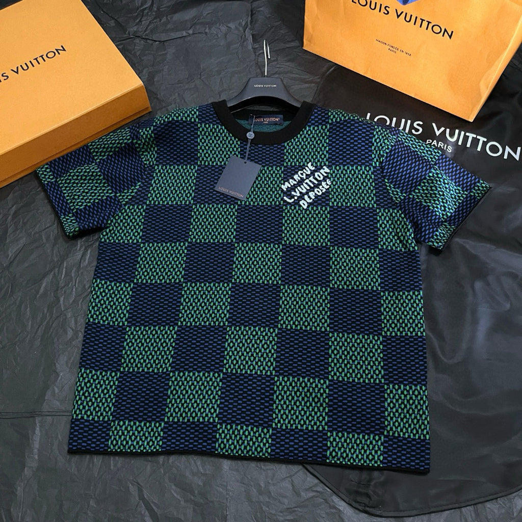 Louis Vuitton ﻿Men's Summer Check Letter Jacquard Damier Cotton Crewneck Round Neck Solid Color Short Sleeve T-Shirt #71878