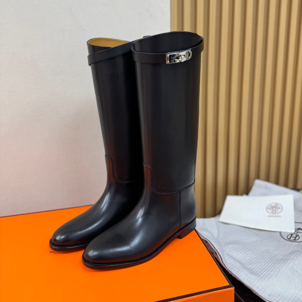 Hermes Jumping Women's Fall/Winter Fashion Classic Solid Color Round Toe Leather Kelly Buckle Classic Riding Boots Shoes #79333