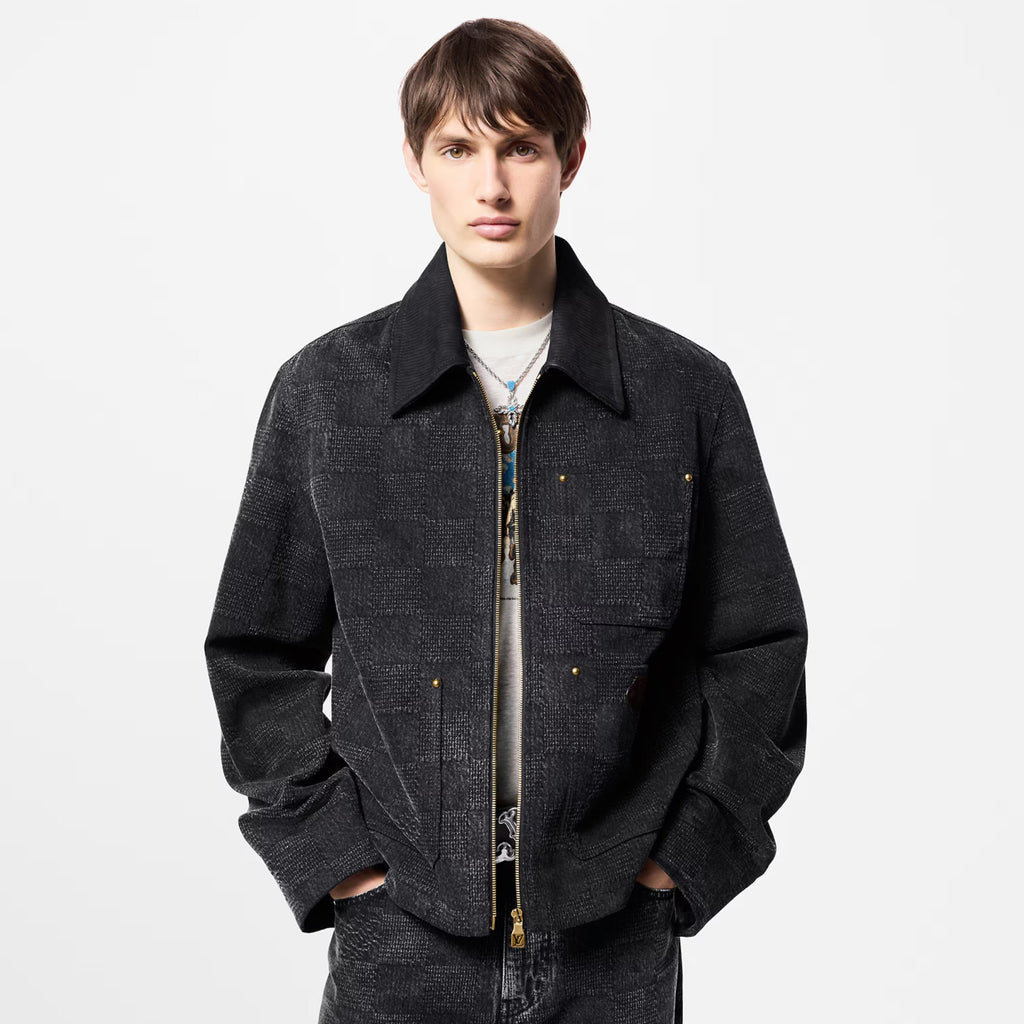 Louis Vuitton Men's Spring and Fall Black Embossed Pattern Spliced Zipper Long Sleeve Jacket #74969