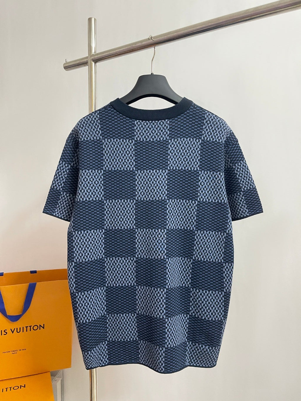 Louis Vuitton Men's and Women's Summer Checkerboard Printed Beaded Logo Printed Round Neck Short Sleeve T-Shirt #75187
