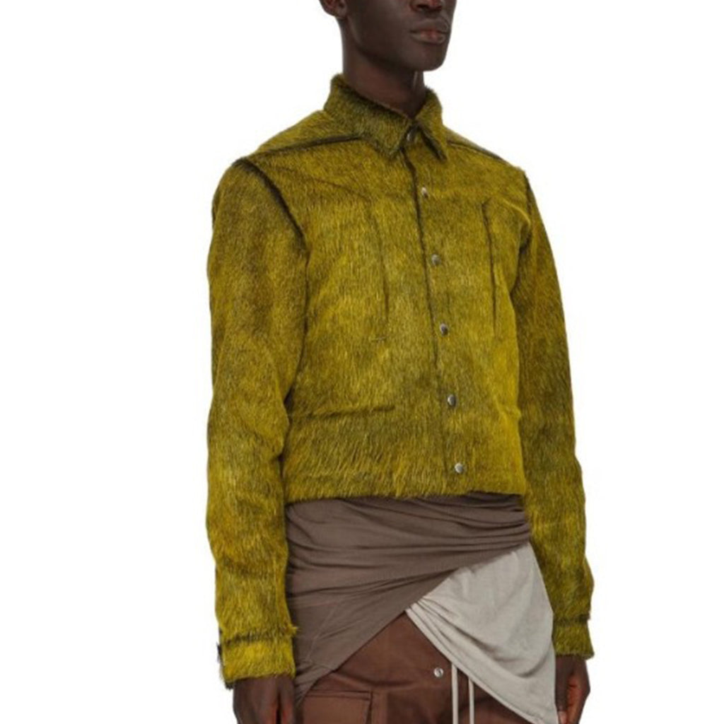 Rick Owens Men's spring and fall trend of high street retro yellow-green plush cowhide jacket lapel single-breasted casual jacket Ngvp #8247
