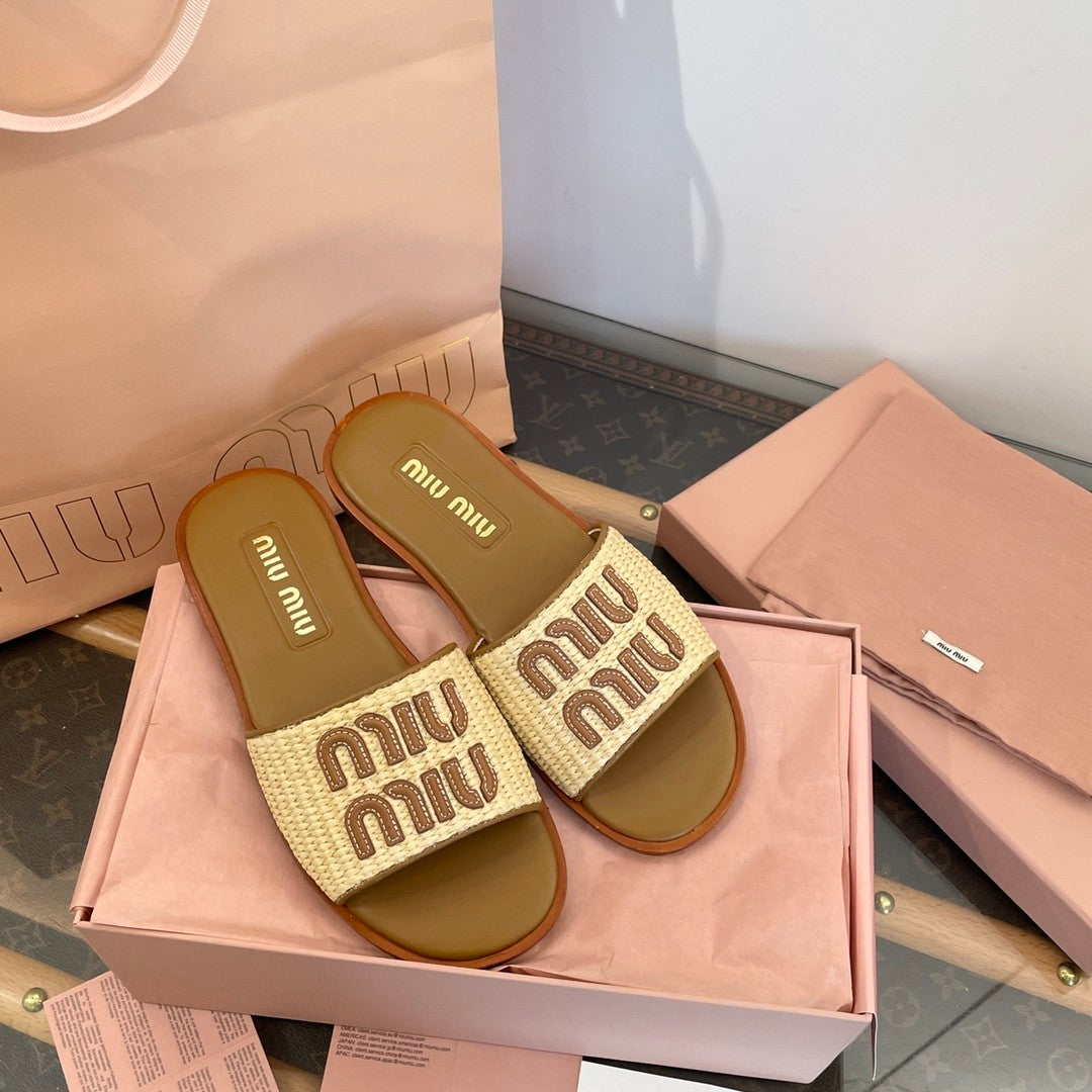 MiuMiu Women's Spring/Summer/Fall Logo Raffia Woven Leather Flat Sandals Casual Slippers Shoes #81553
