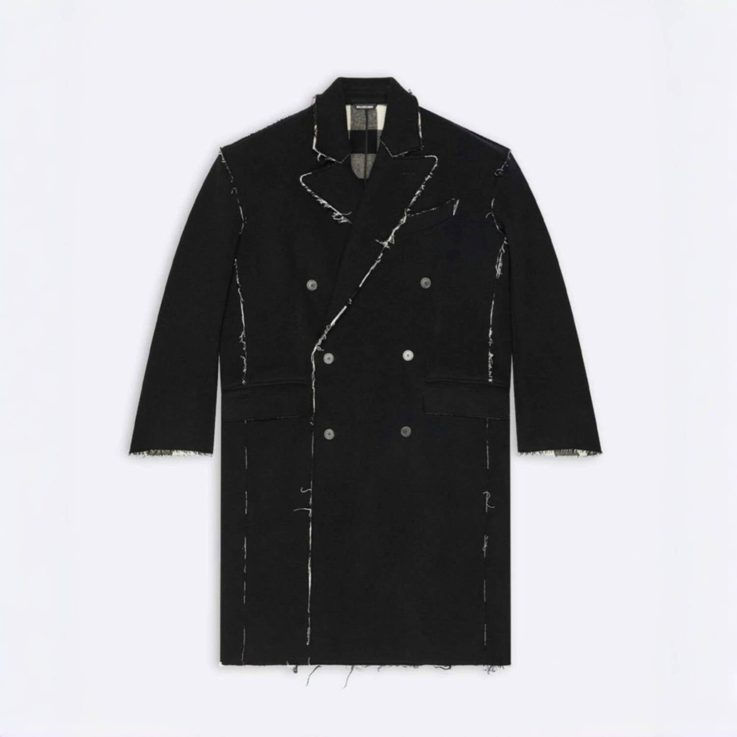 Balenciaga Men's Women's Spring. Autumn And Winter Splicing Raw Edge Lapel Double Breasted Solid Color Straight Coat Jacket Ngvp #1697