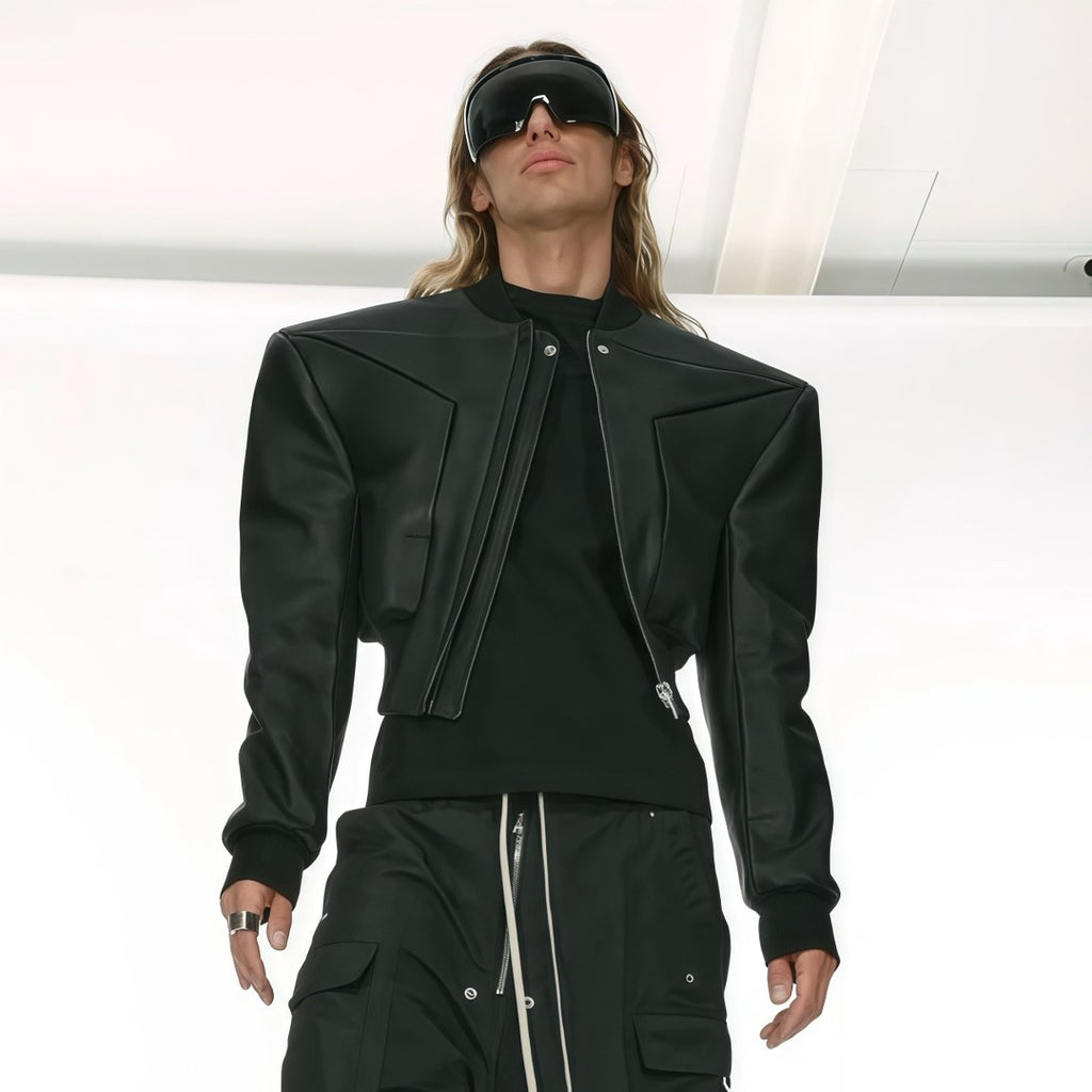 Rick Owens Men's Spring And Autumn Standing Collar Short Shoulder Padded Leather Jacket High Street Hip Hop Zip Long Sleeve Leather Jacket Ngvp #9828