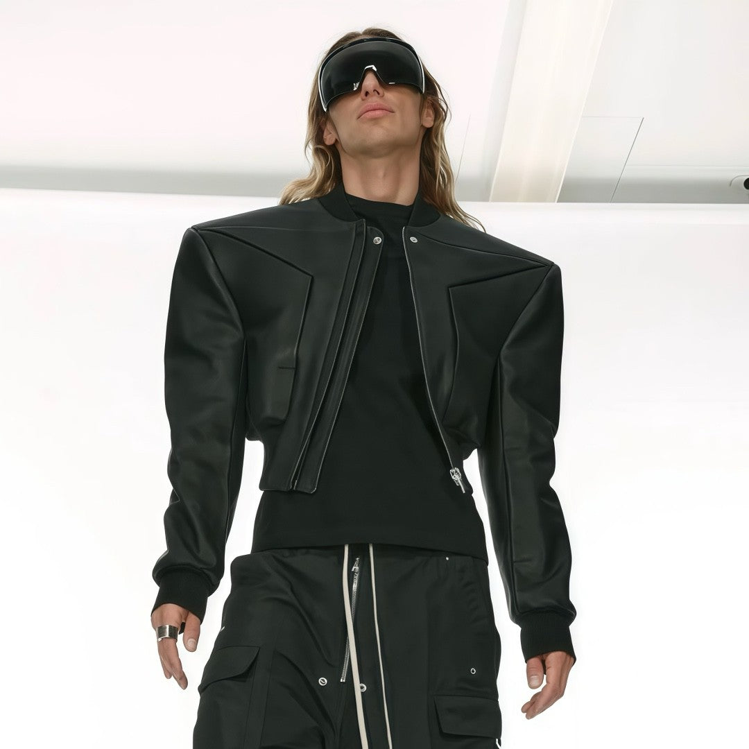 Rick Owens Men's Spring And Autumn Standing Collar Short Shoulder Padded Leather Jacket High Street Hip Hop Zip Long Sleeve Leather Jacket Ngvp #9828