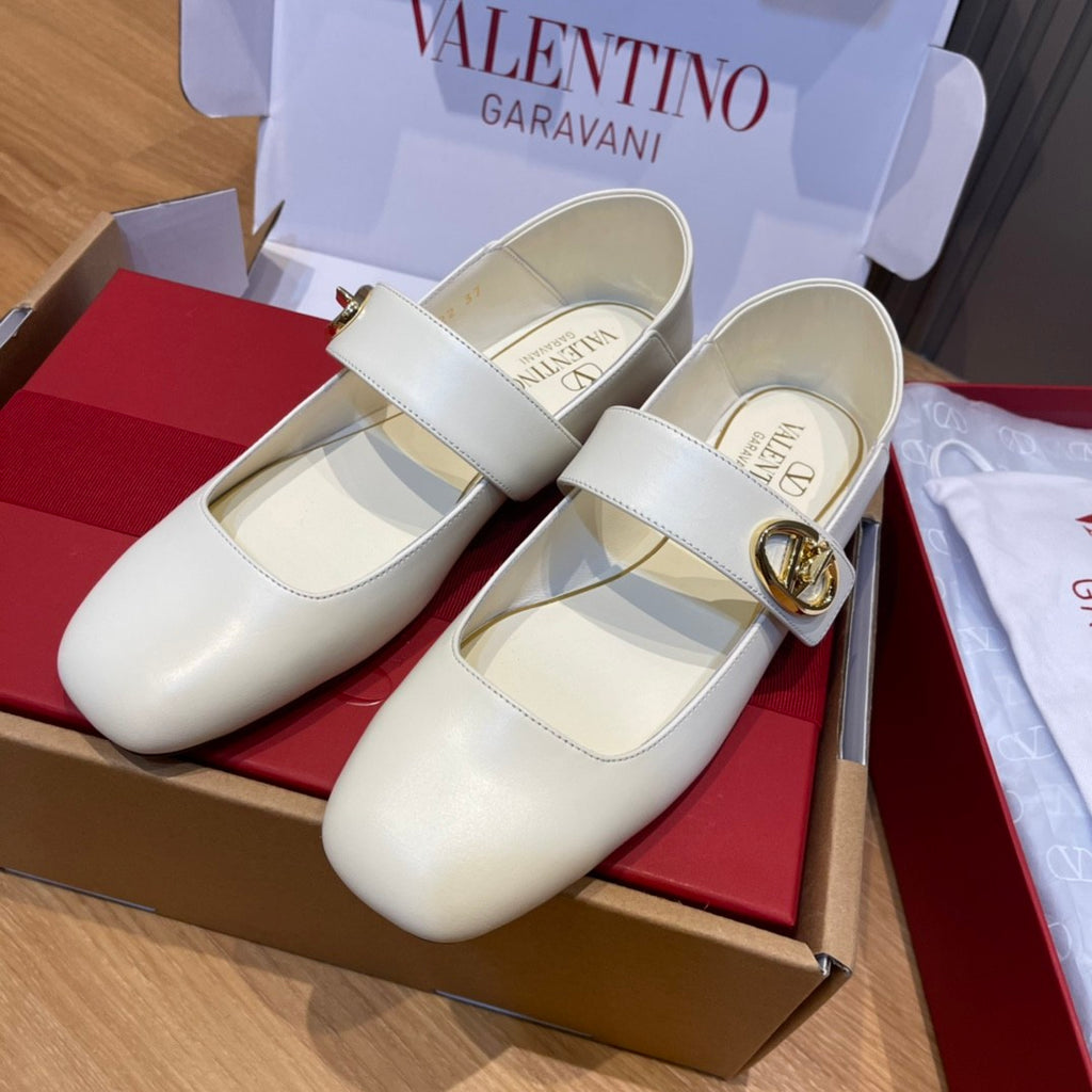 Valentino Women's Spring/Fall Fashion Classic Minimalist Elegant Solid Color Leather Flat Low Top Mary Jane Ballet Flats Shoes #79529