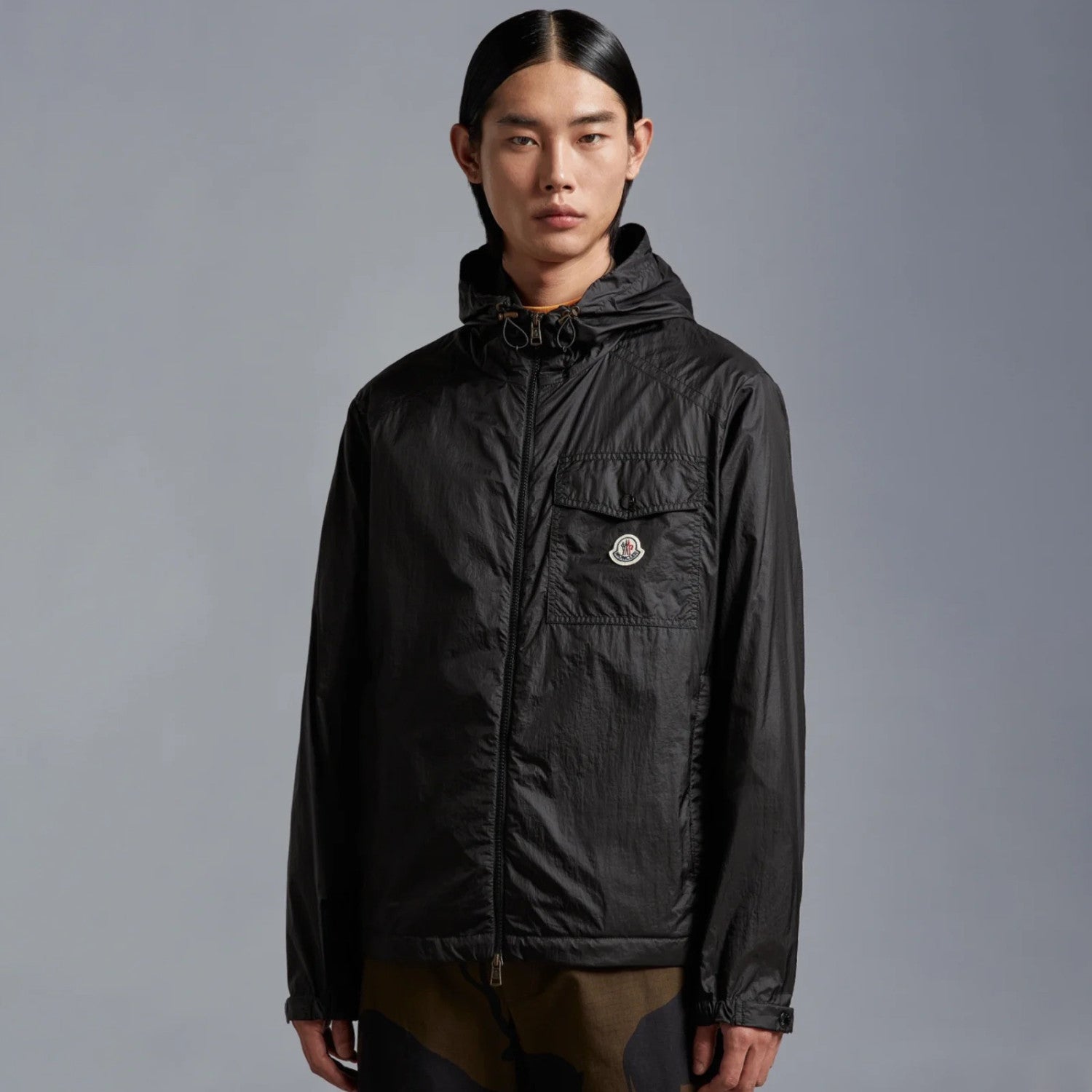 Moncler Men's Spring and Fall Black Logo Patch Straight Long Sleeve Zipper Hooded Lightweight Jacket #98779
