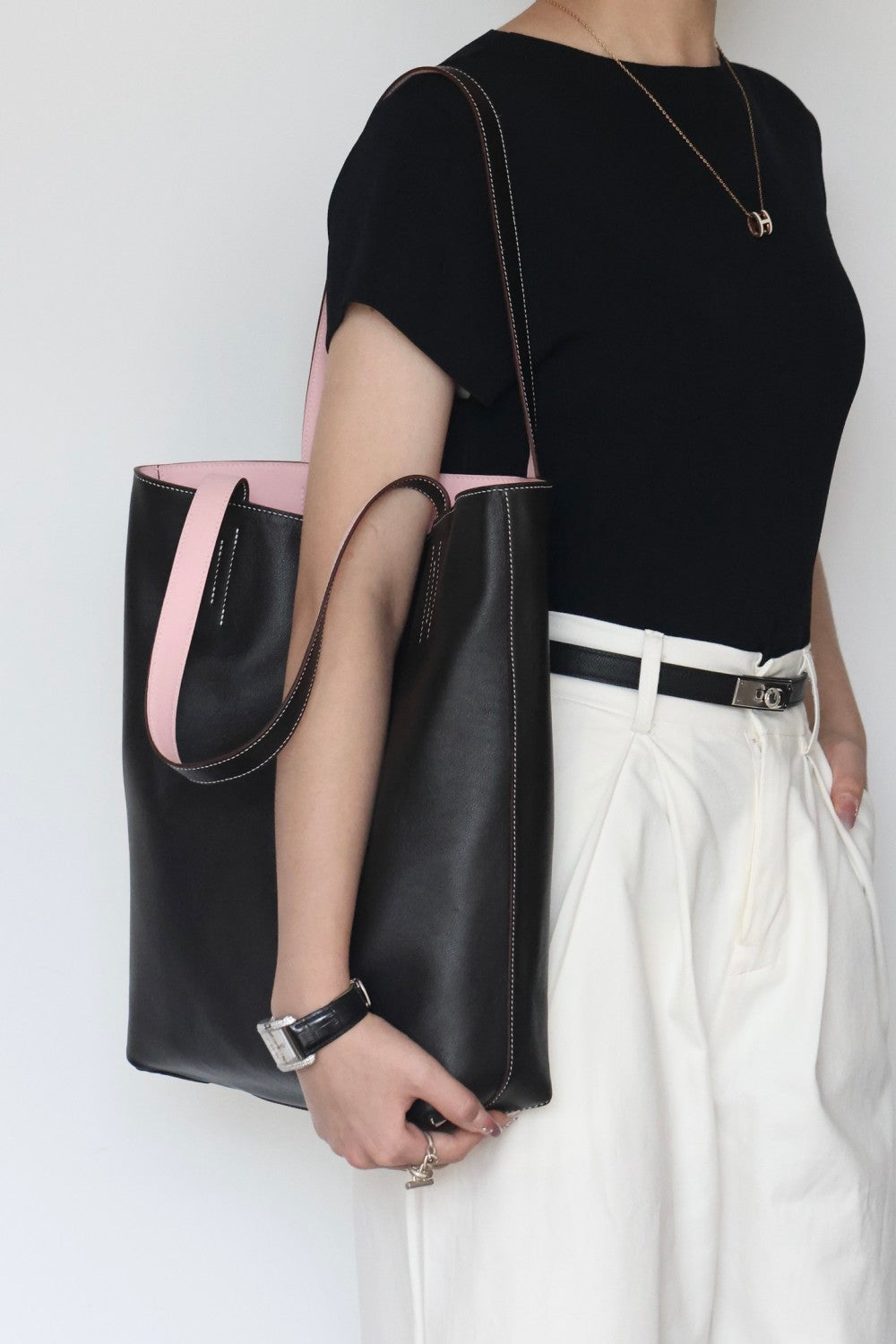 Hermes Women's Double Sensneo Calfskin Shoulder Bag Fashionable Color-Blocked Open Bag Double-Sided Tote Bag With Makeup Bag Bags Ngvp H086707CAAL #2277