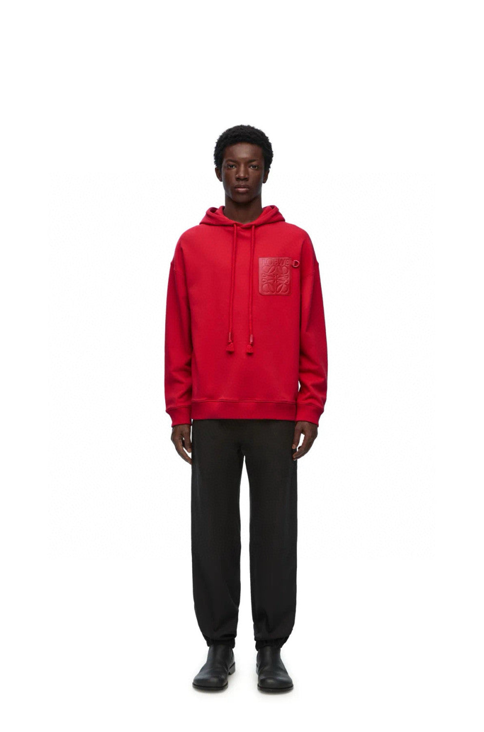 Loewe Men's Spring and Fall Red Logo Leather Label Drawstring Hooded Sweatshirt Pullover #98218