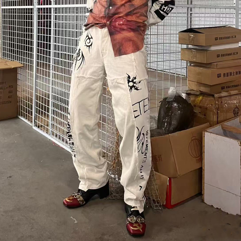 Vetements Men's High Street Vintage Show Co-branded Opium Deconstructed Splicing Tattoo Print White Denim Pants Fashion Trend Casual Pants Ngvp #2446