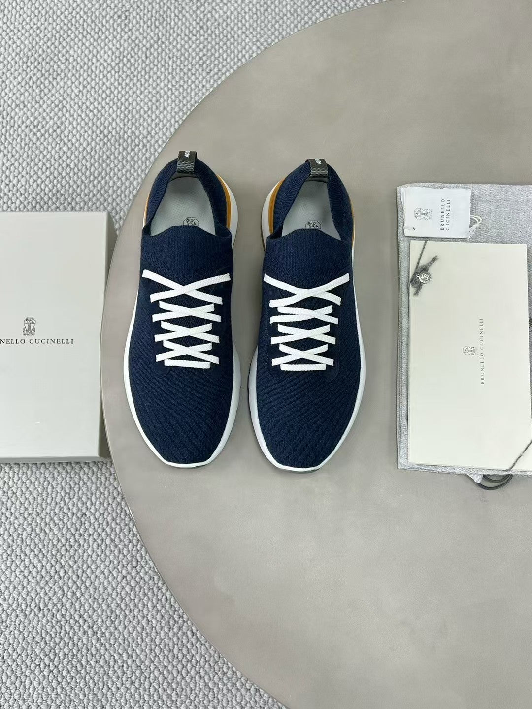 Brunello Cucinelli  Men's Spring Autumn Knitted Cotton Fabric Patchwork Semi-Polished Calfskin Sneakers Fashion Comfort Sports Running Shoes #81233