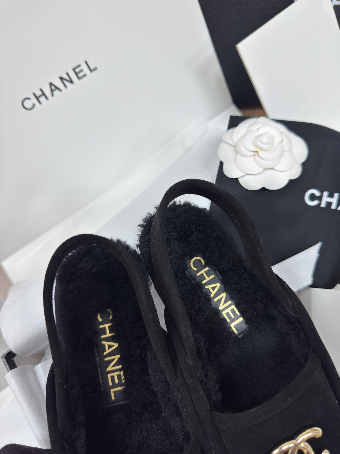 Chanel Women's Fall/Winter Casual Round Toe Slip On Teddy Fur Logo Flat Mules Shoes #79254