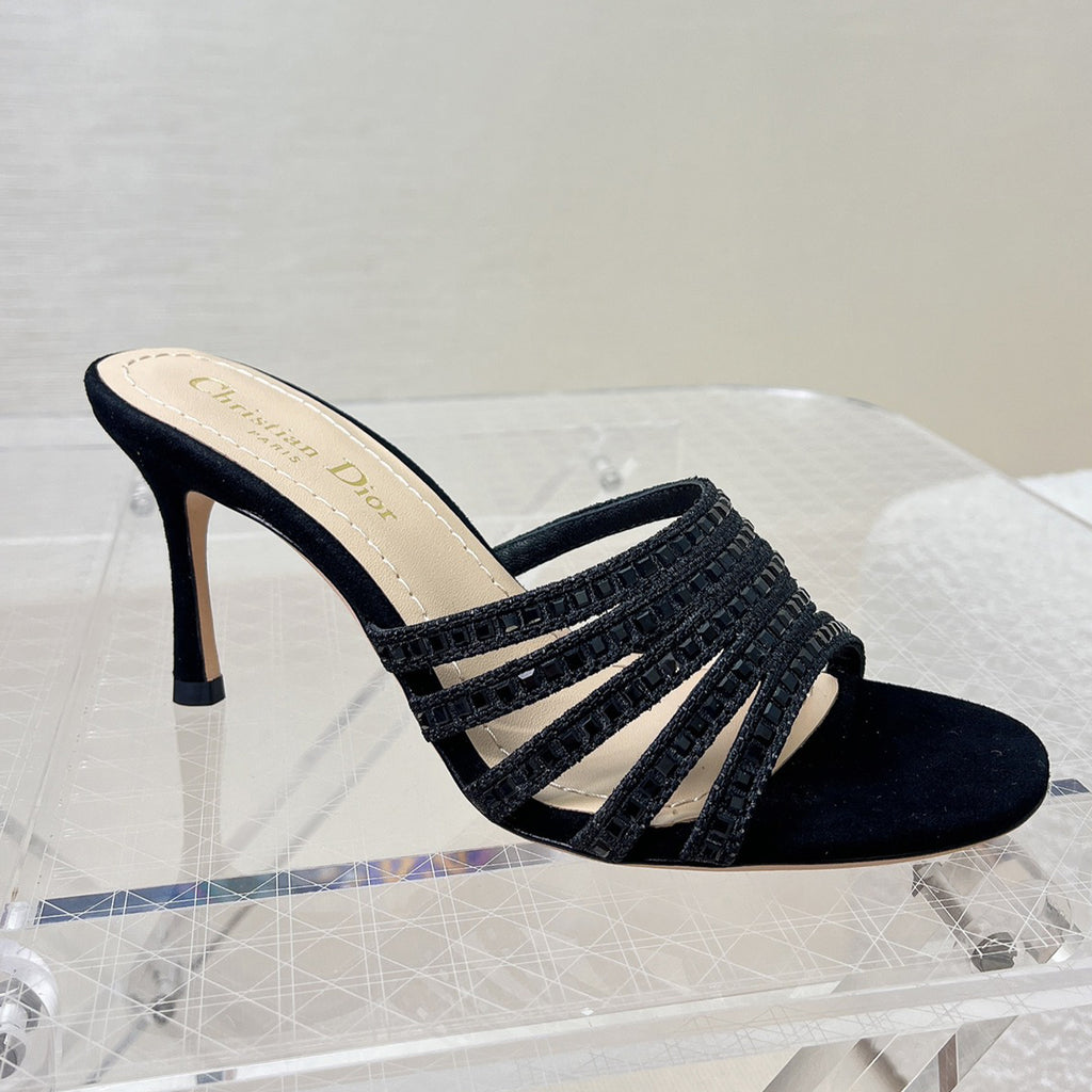 Dior Gem High Heel Fashion Sandals Slippers Women's Spring And Summer Black Silver Gold 8cm Leather Shoes Heel Fashion Temperament Sexy High Heel Shoes #81416