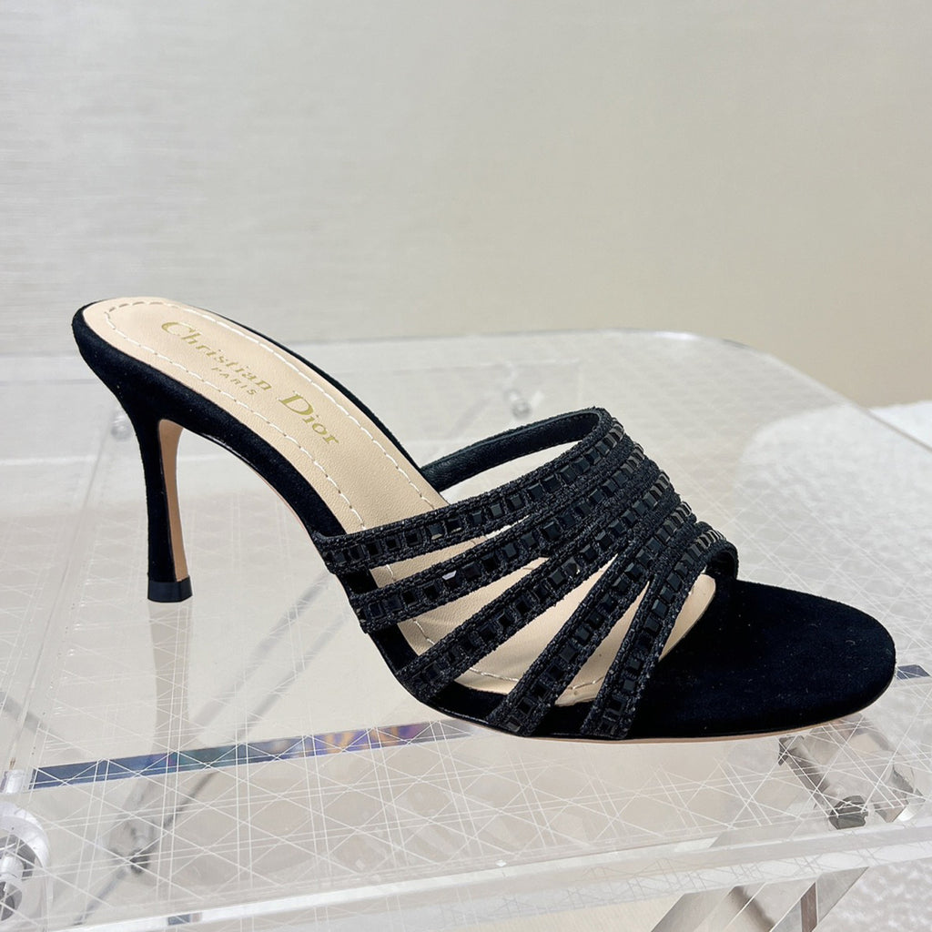 Dior Gem High Heel Fashion Sandals Slippers Women's Spring And Summer Black Silver Gold 8cm Leather Shoes Heel Fashion Temperament Sexy High Heel Shoes #81416