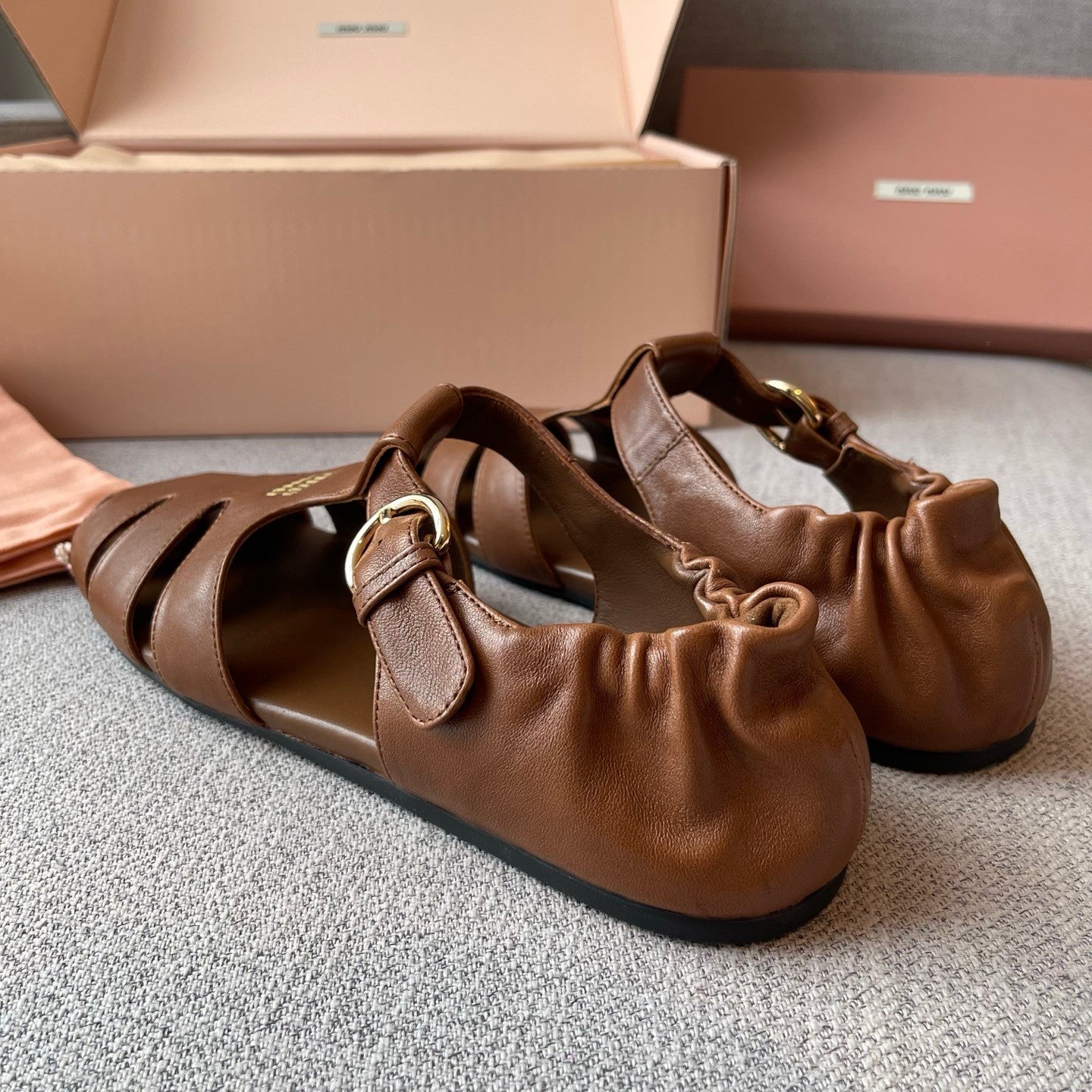 MiuMiu Briarwood Ruches Nappa Leather Fisherman Sandals #383957