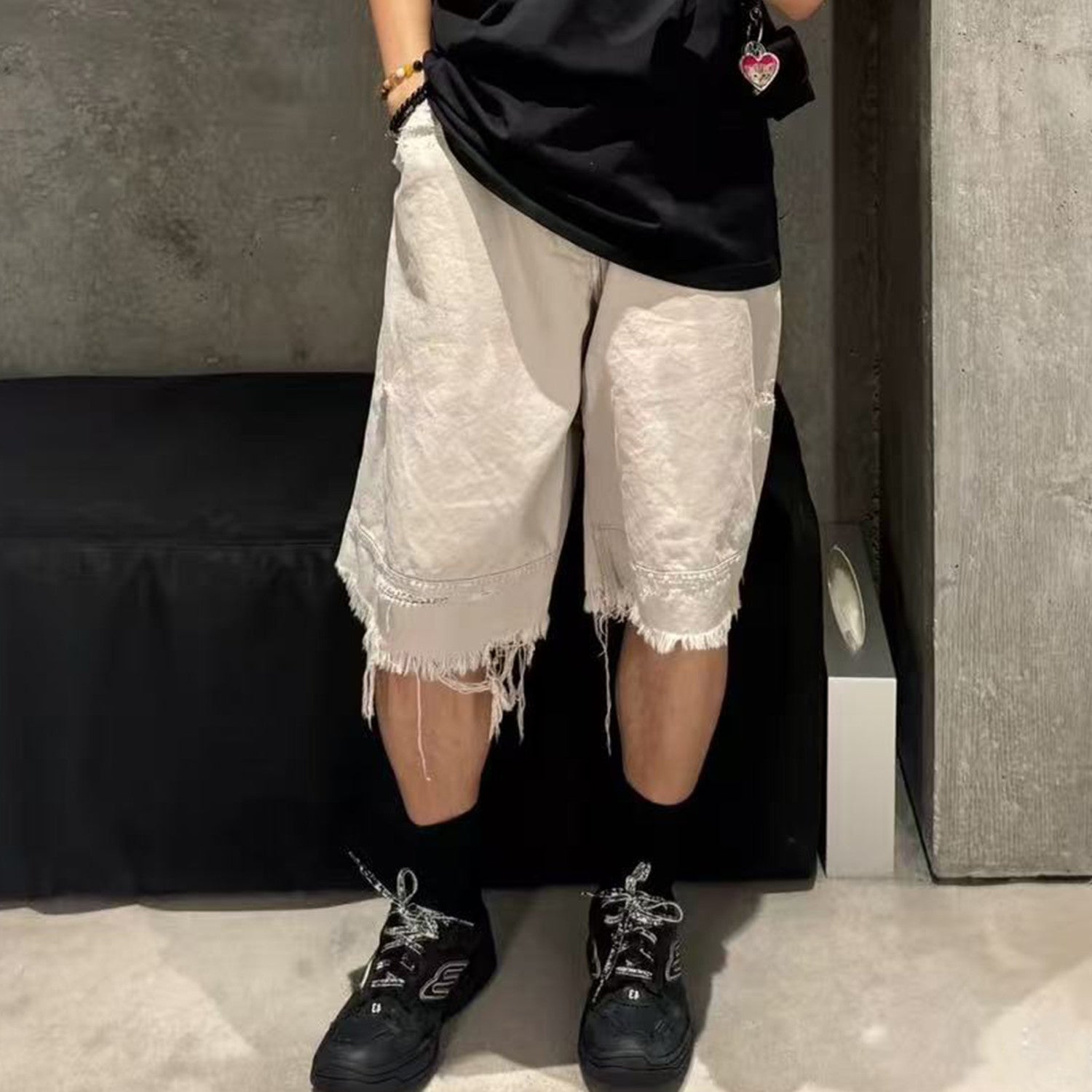 Balenciaga Workwear Shorts Men's Spring And Summer Cotton White Denim Shorts Fashion Trend Hole Casual Shorts Ngvp #1876