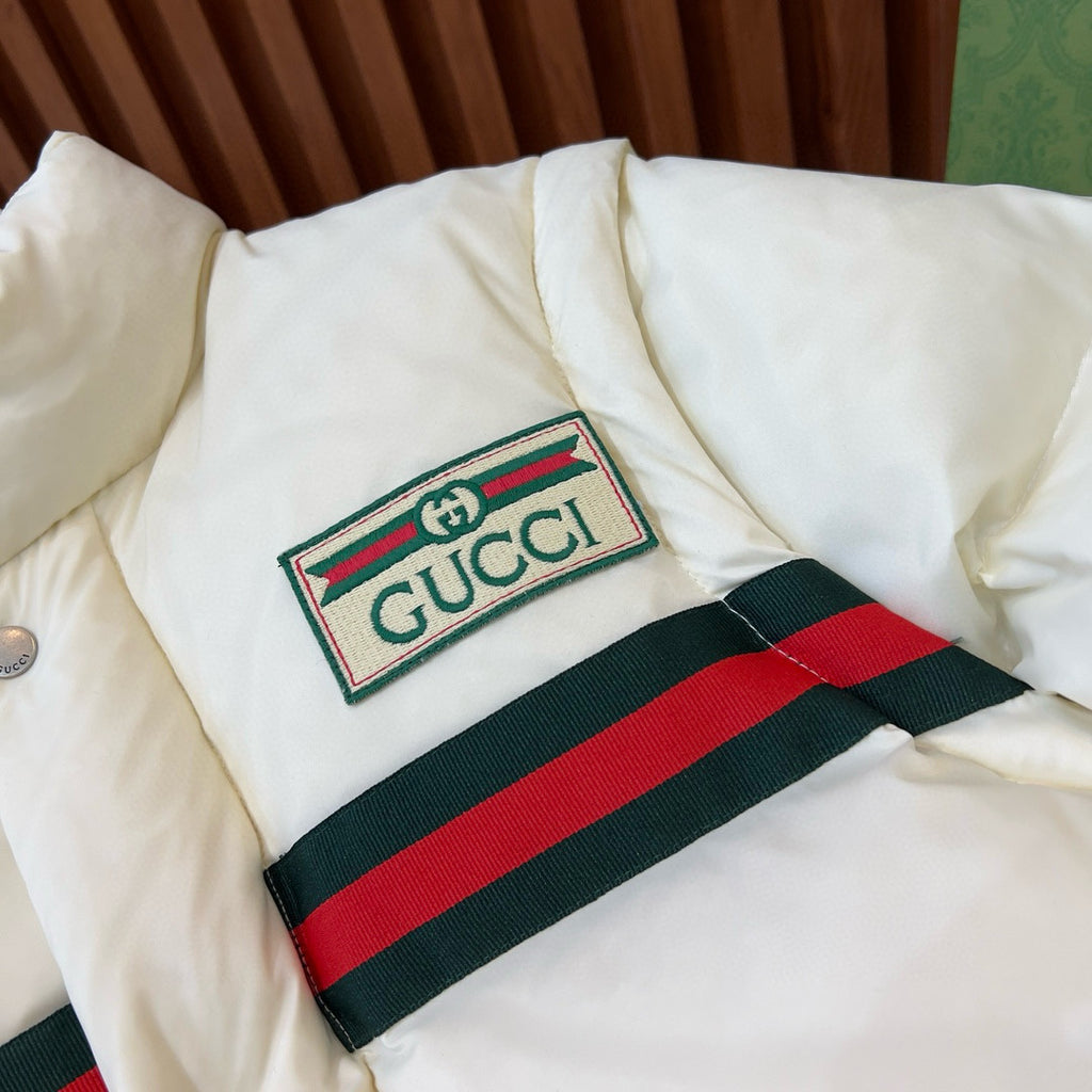 Gucci Men's And Women's Winter Fashion Casual High Neck Single Button Red Green Striped Webbing Contrast Collar Detachable Sleeves Down Jacket #79374