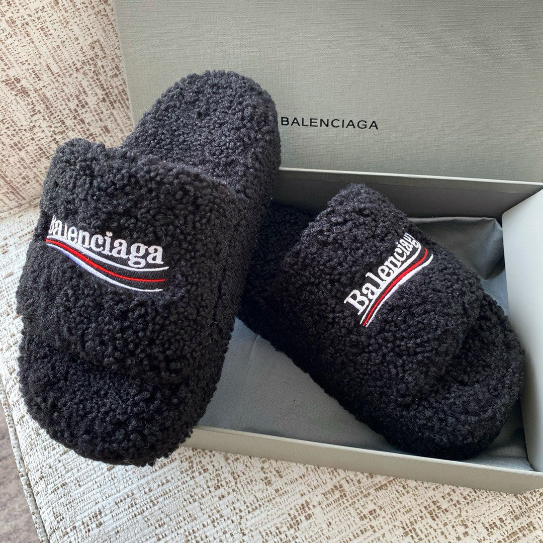 Balenciaga Furry Women's Spring/Summer Solid Colour Faux Fur Embroidered Letter Print Thick Sole Slippers Shoes #76986