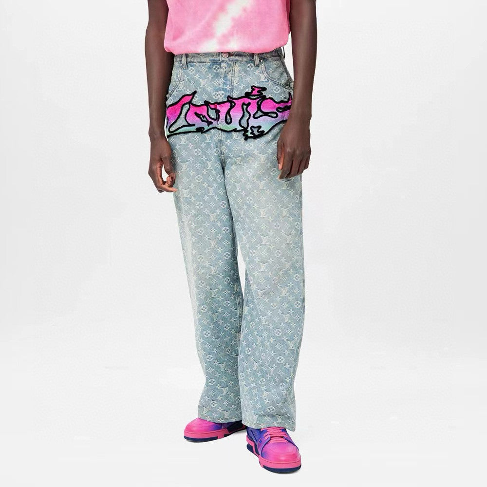 Louis Vuitton Men's Spring Autumn Solid Colour Graffiti Letter Print Casual Jeans Pants #76971