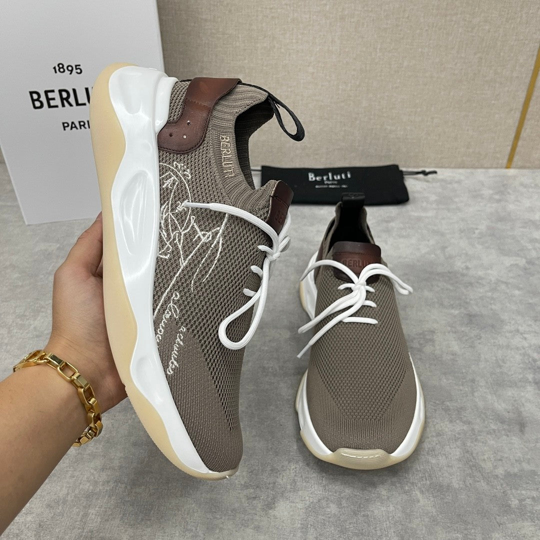 Berluti Shadow Men's Fashion Casual Round Toe Lace Up Flat Low Top Flyknit Sneakers Shoes #79362