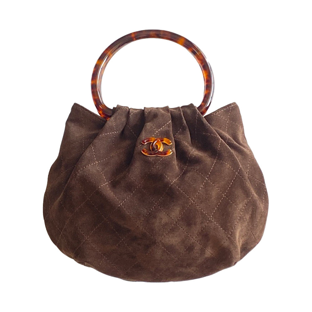 CHANEL 26C Women's Tortoiseshell Acrylic Handbag with Gold Metallic Ingot Design and Suede Finish #83224A