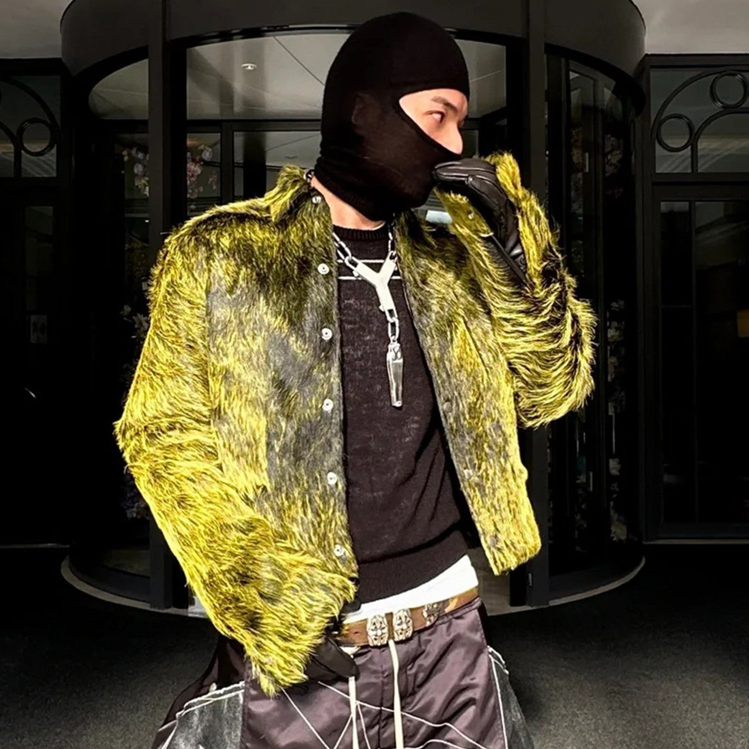 Rick Owens Men's spring and fall trend of high street retro yellow-green plush cowhide jacket lapel single-breasted casual jacket Ngvp #8247